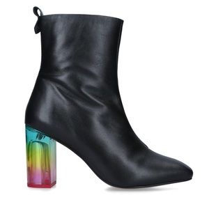 Kurt Geiger NIB "Rainbow Strut" acrylic heel black leather booties size 39 New!